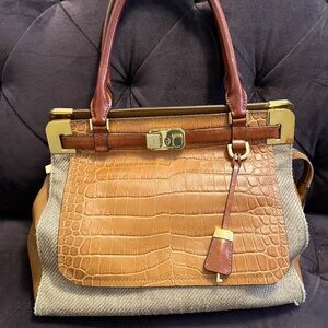 Michael Kors Embossed Leather Tan/Brown Fabric Shoulder Bag with Gold Accents